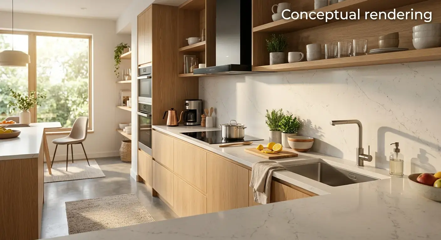 Conceptual rendering of a honed quartz slab kitchen countertop with matching full-height backsplash wall