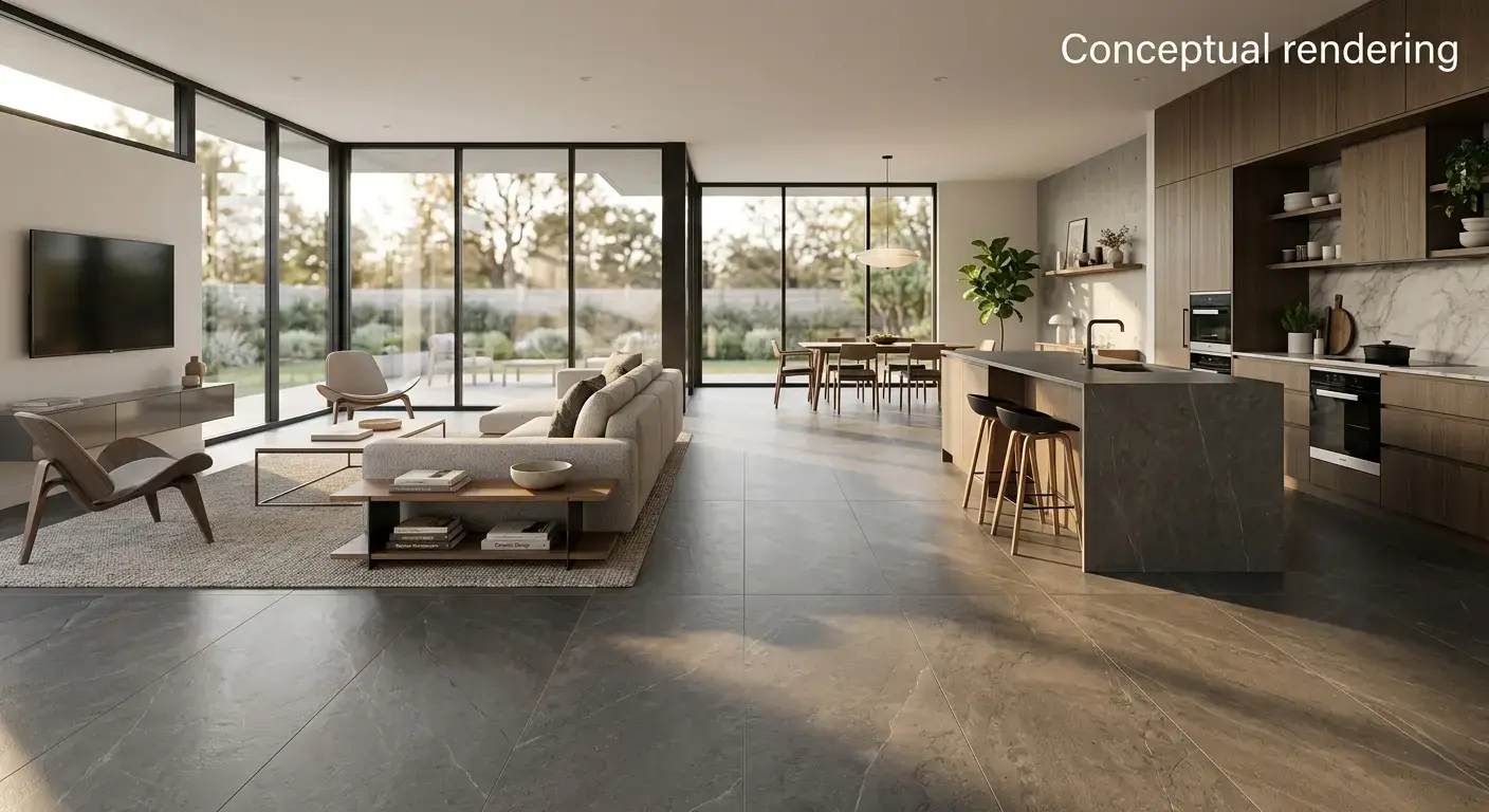 Conceptual rendering of a large-format porcelain slab floor in a contemporary open-plan living space