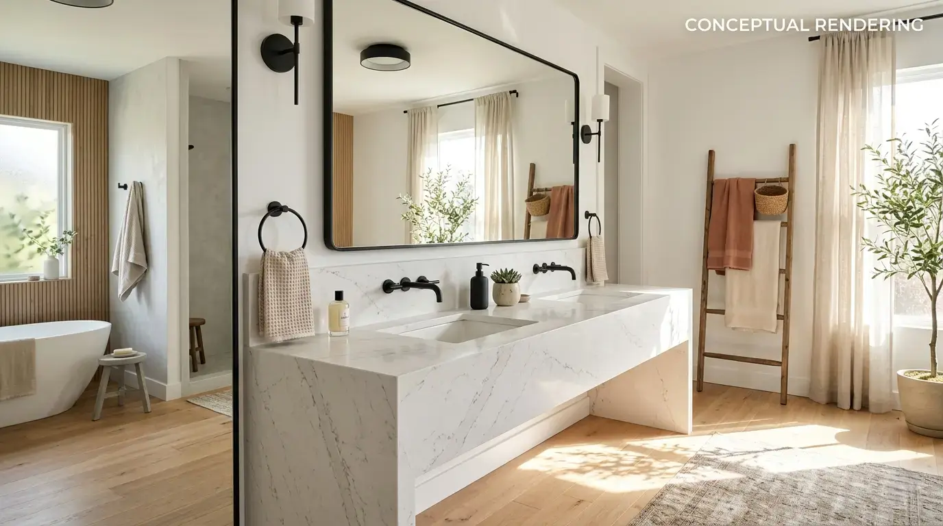Conceptual rendering of a waterfall-edge quartz slab vanity top with matte black fixtures in a bathroom
