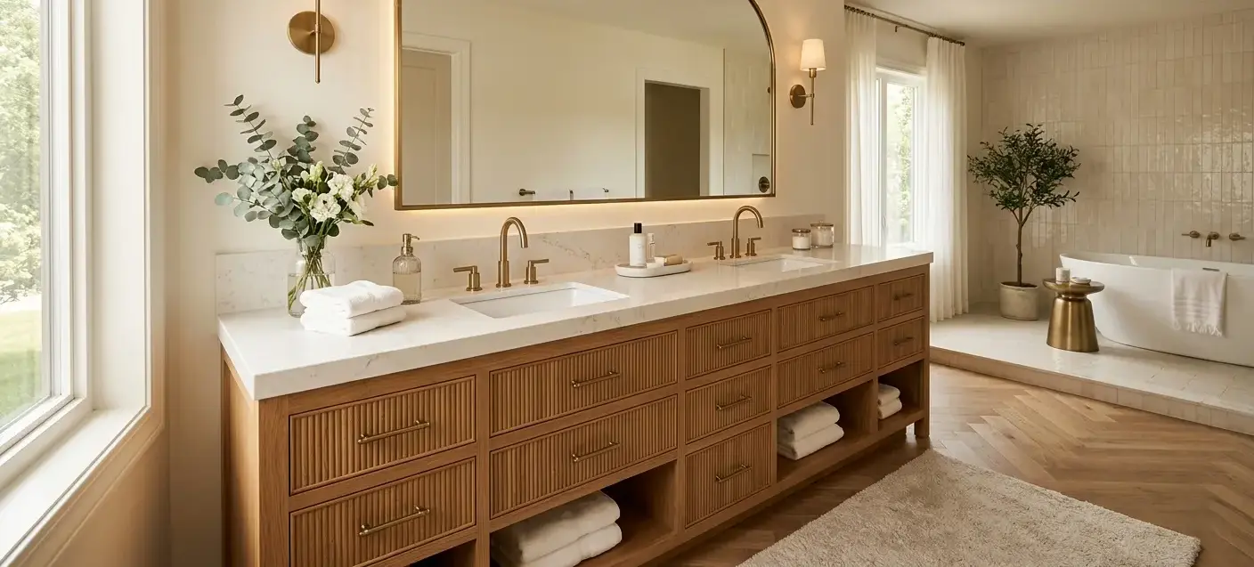 Conceptual rendering of a double bathroom vanity topped with a polished engineered stone countertop in soft white with subtle veining.