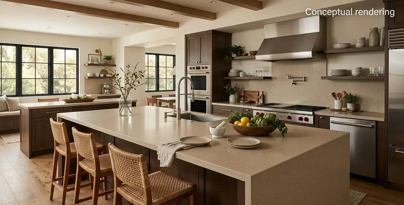 Conceptual rendering of a large kitchen island surfaced with a honed engineered quartz slab in a warm neutral tone.