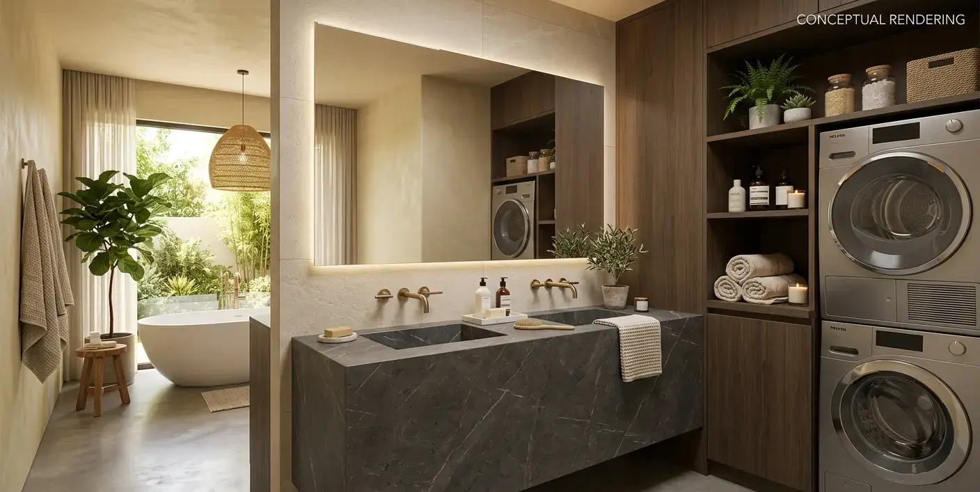 Conceptual rendering of a honed graphite marble bathroom vanity in a spa-inspired setting