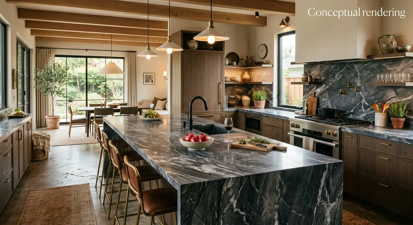 Conceptual rendering of a polished graphite marble kitchen countertop with deep gray veining