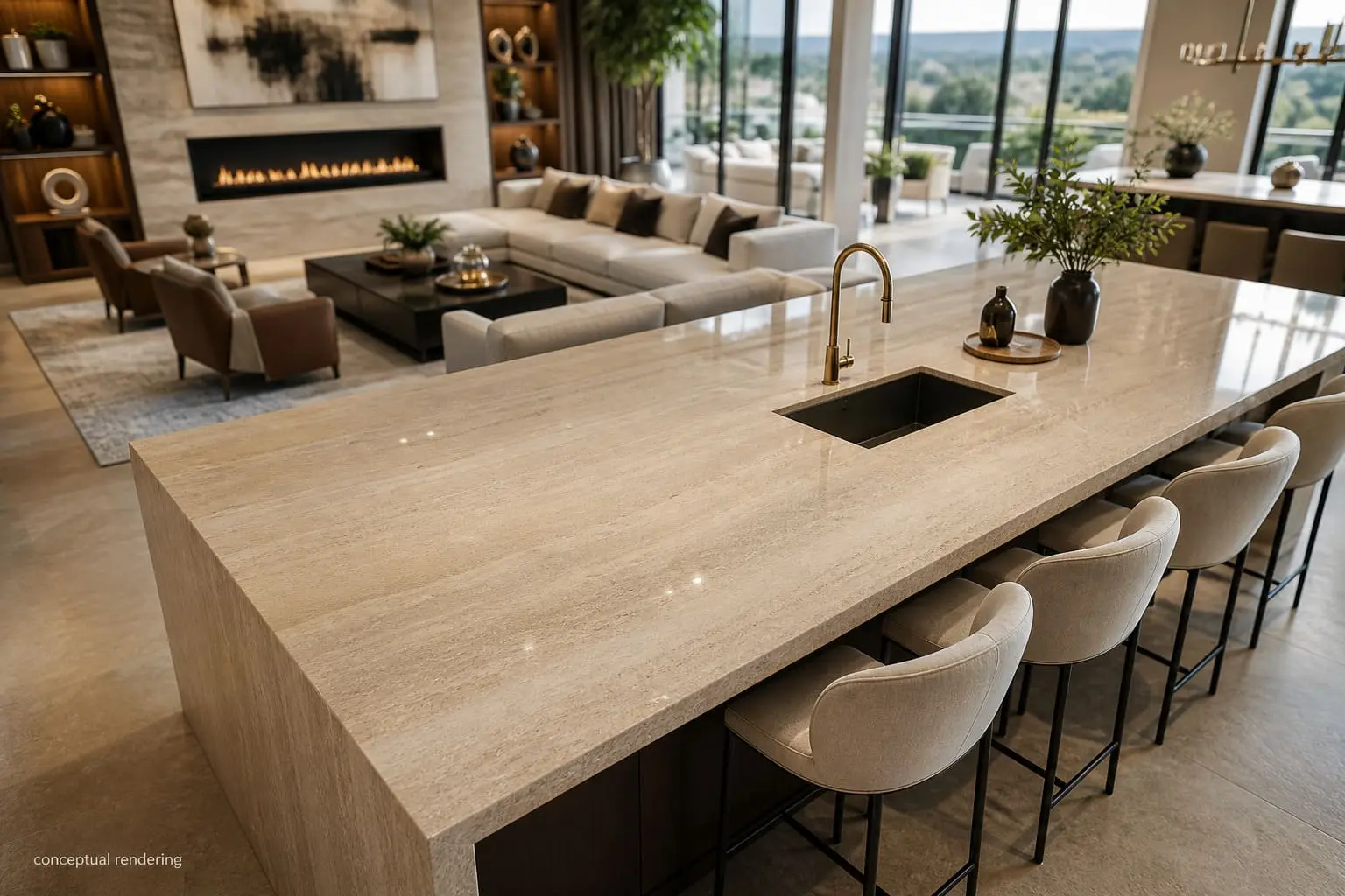 Conceptual rendering of polished travertine countertops