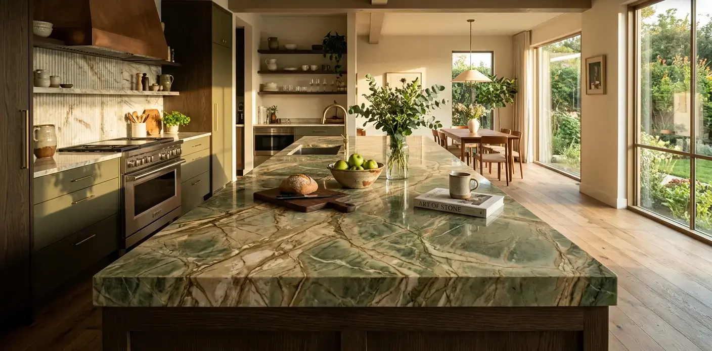 Conceptual rendering of a polished green marble slab with cross-cut veining and beige tones