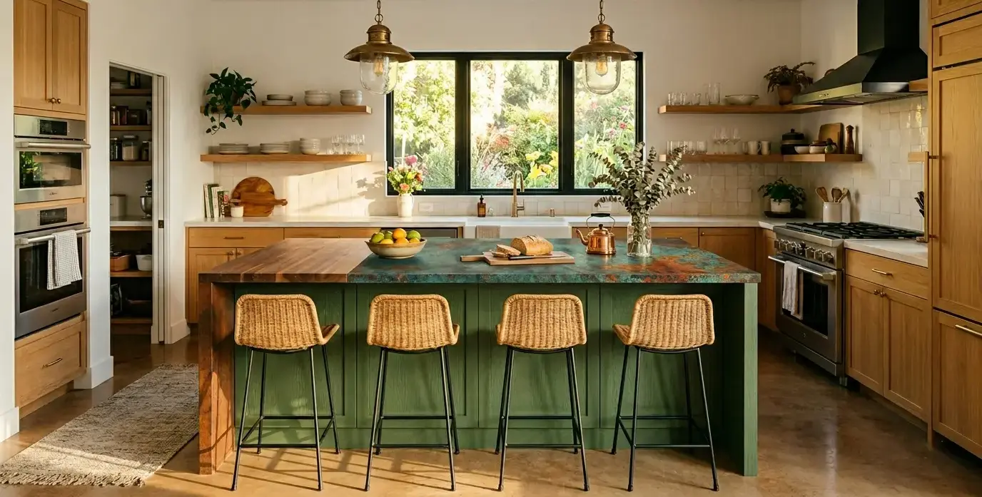 Conceptual rendering of a green kitchen island with rust and honey secondary tones in a modern kitchen
