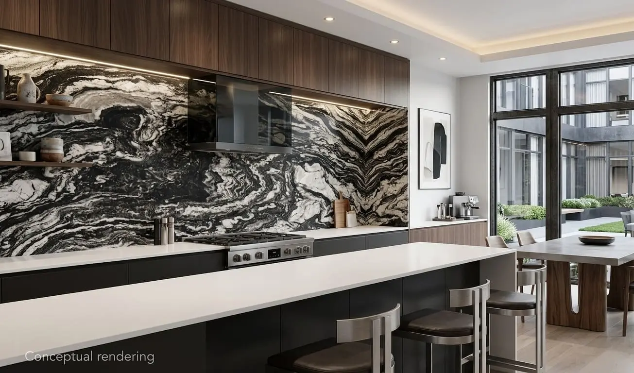Conceptual rendering of black and white granite backsplash
