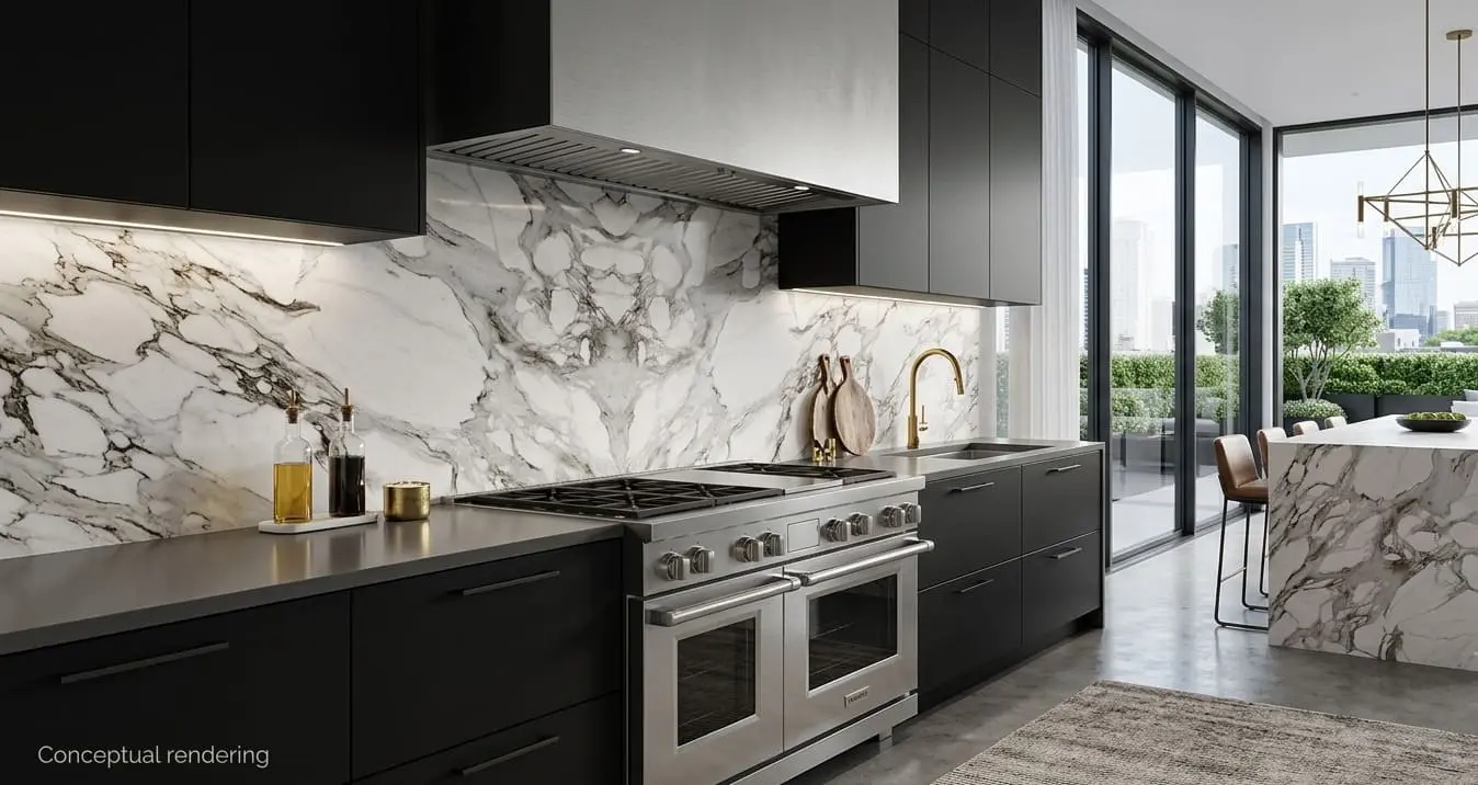 Conceptual rendering of marble backsplash in modern kitchen