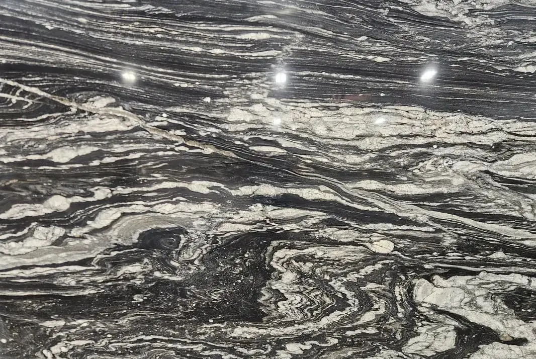 Explosion Black Granite Slab at Nova Tile and Stone showroom