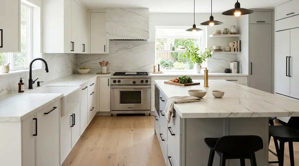 Conceptual rendering of honed Bianco Superiore quartzite countertop in a modern kitchen with white flat-panel cabinetry