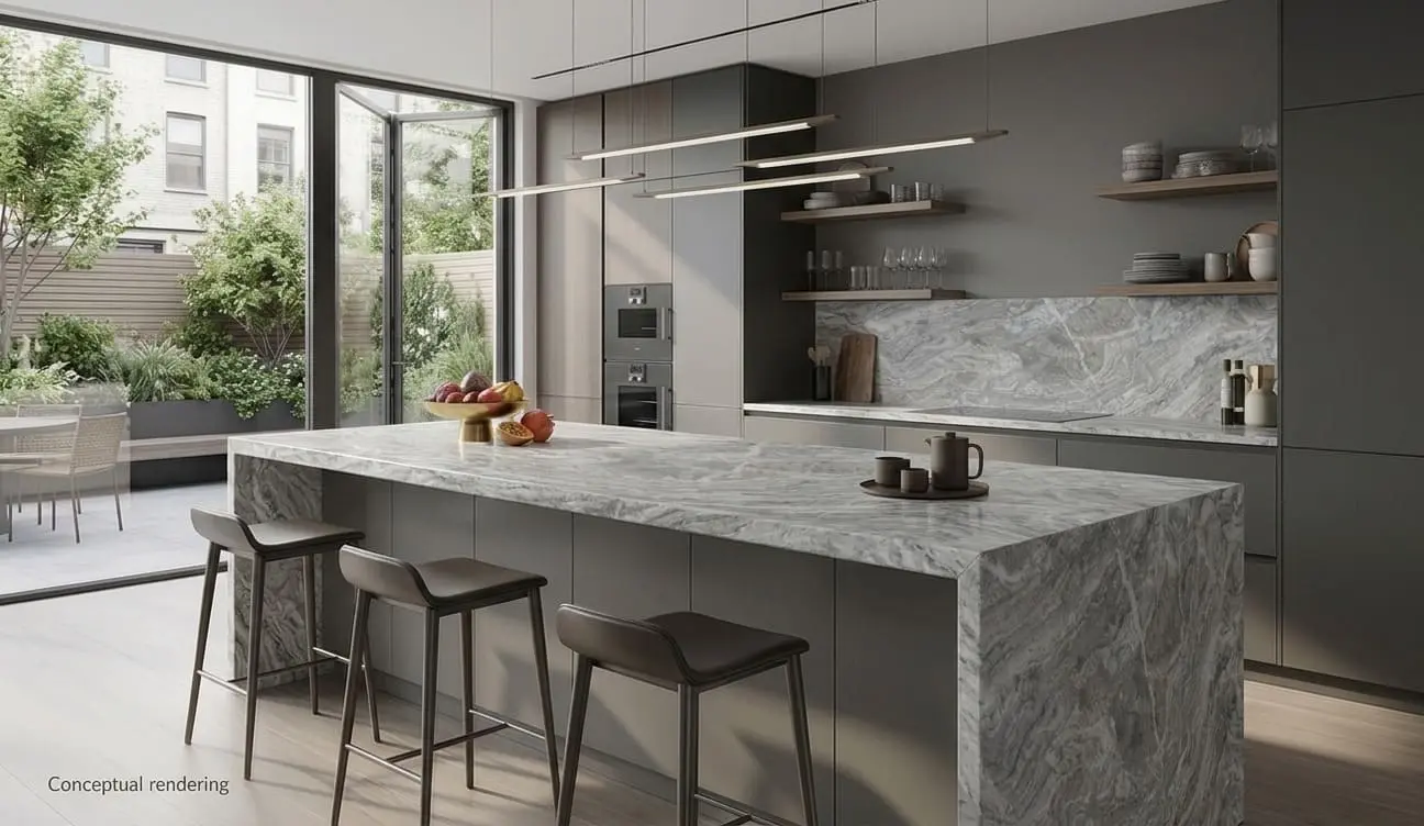 Conceptual rendering of prefab dolomite kitchen island with waterfall edge
