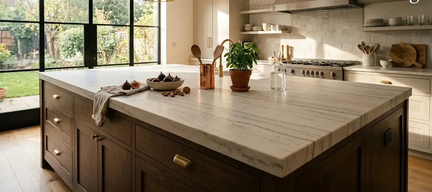 Conceptual rendering of a honed marble kitchen island slab surface in warm white tones with linear grey vein patterning