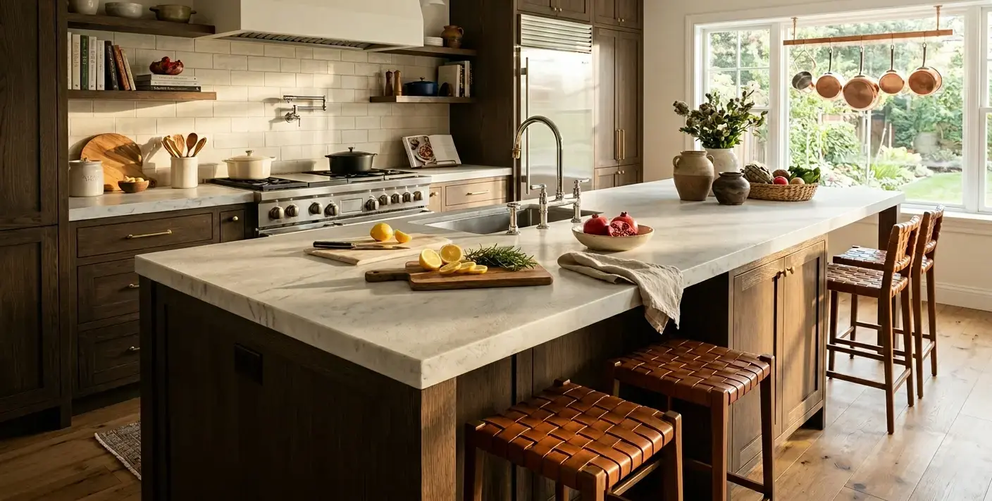 Conceptual rendering of a leathered marble top kitchen island showing subtle surface texture and grey secondary tone veining