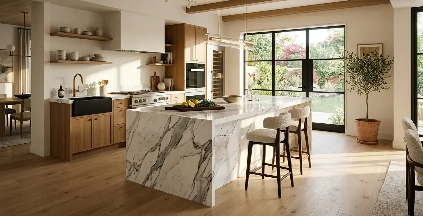 Conceptual rendering of a polished white marble top kitchen island with bold grey Calacatta veining and waterfall edge detail