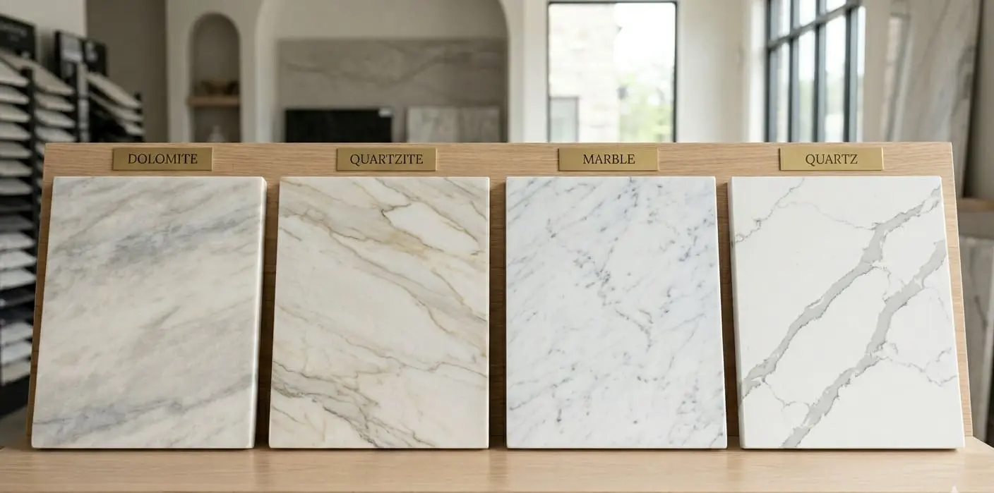 Conceptual rendering of natural stone countertop options for a kitchen island: dolomite, quartzite, marble, and quartz