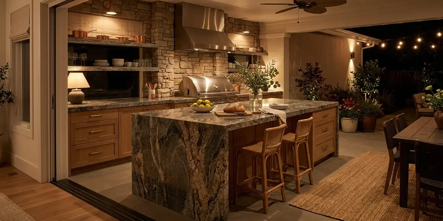 Conceptual rendering of a waterfall-edge granite outdoor kitchen island countertop slab on a covered patio with stone surround and outdoor dining space