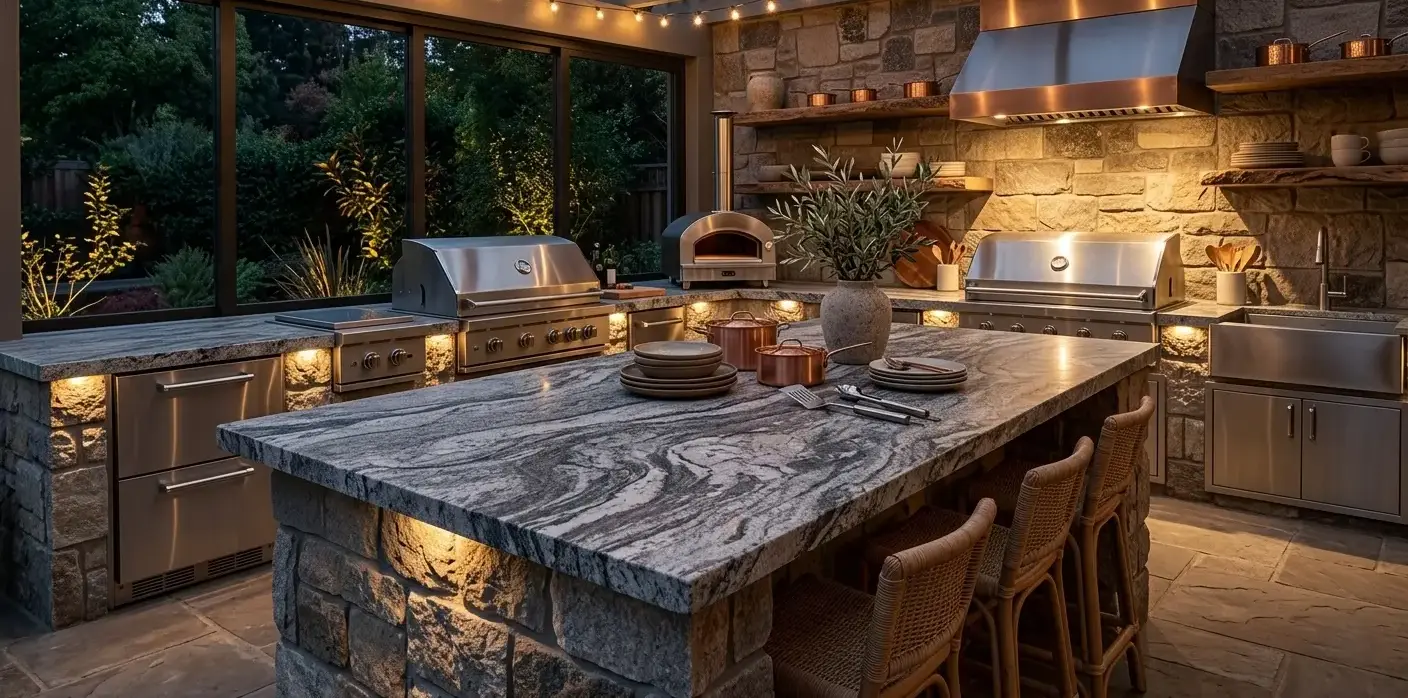 Conceptual rendering of a honed gray-and-white granite slab outdoor kitchen countertop on a built-in island with stainless appliances and patio stone cladding