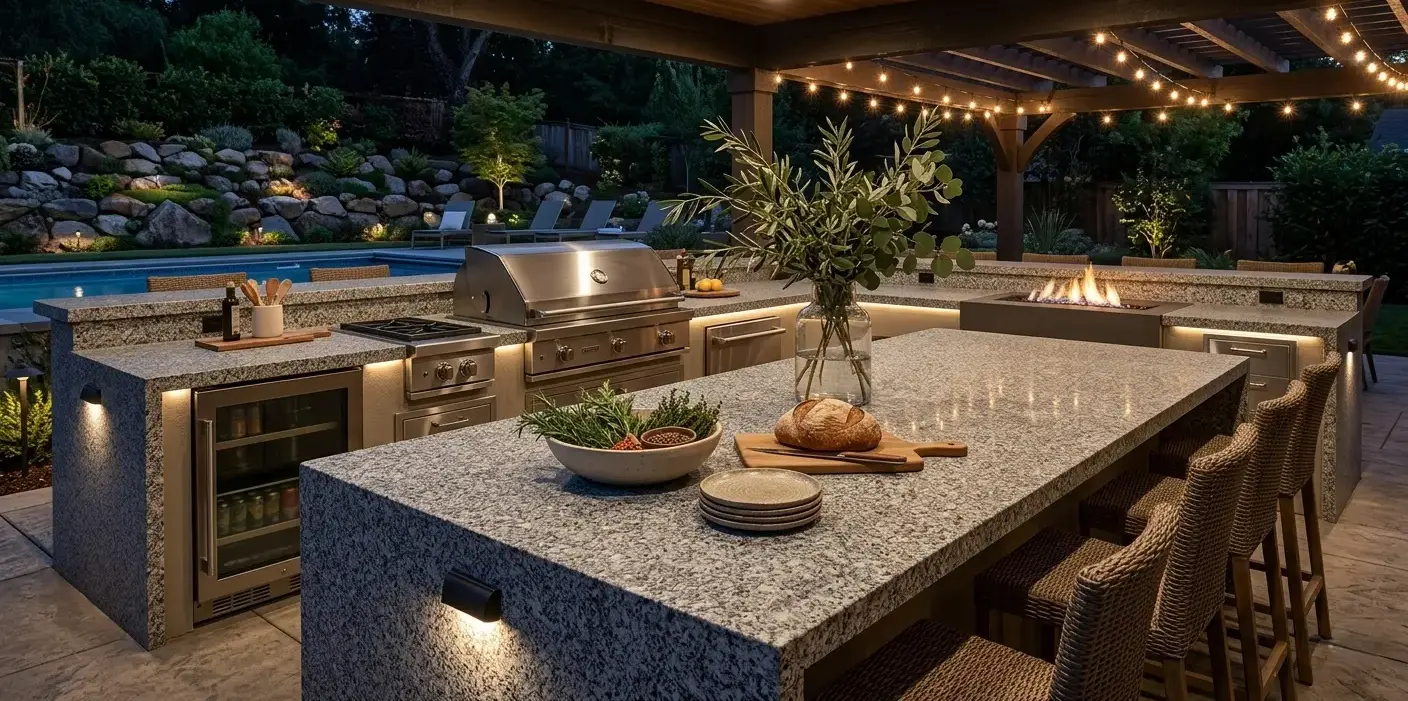 Conceptual rendering of a salt-and-pepper granite slab in honed finish showing speckled gray and black crystal patterning for an outdoor kitchen countertop surface