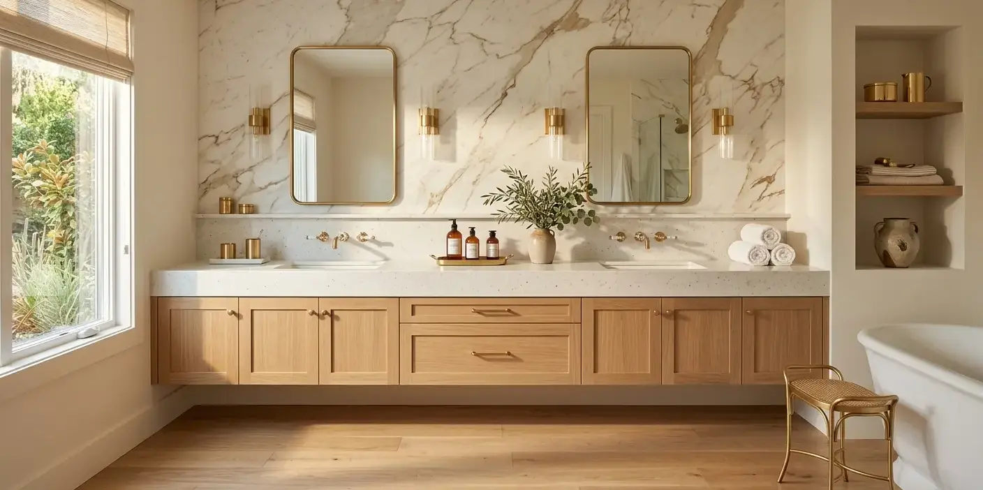 Polished Calacatta Gold marble slab installed as a full-height vanity backsplash in a luxury bathroom