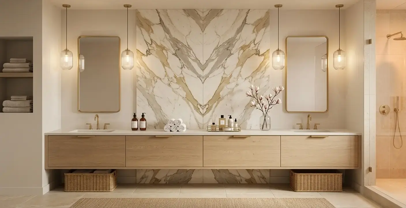 Conceptual rendering of a bookmatched Calacatta Gold marble slab pair creating a symmetrical butterfly veining pattern on a double-vanity bathroom wall