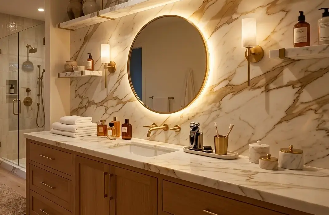 Conceptual rendering of a polished Calacatta Gold marble slab installed as a full-height vanity backsplash with white base and bold gold veining