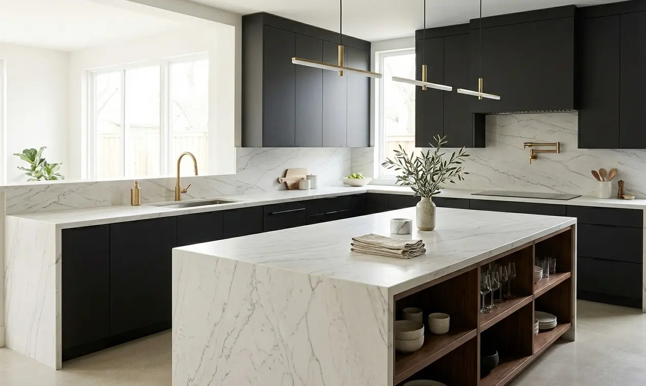 Conceptual rendering of Bianco Superiore quartzite countertops with white base and silver-gray veining in a modern kitchen