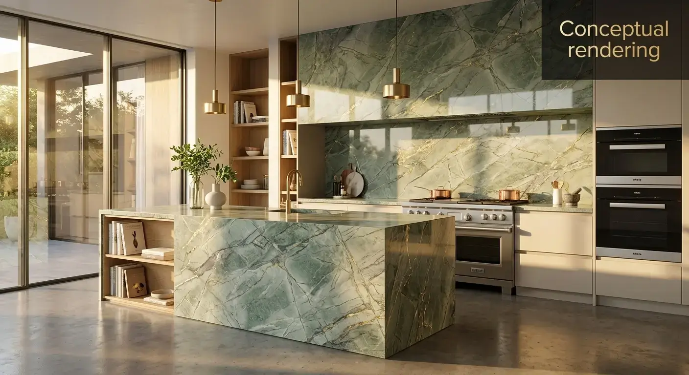 Conceptual rendering of green marble in kitchen countertop