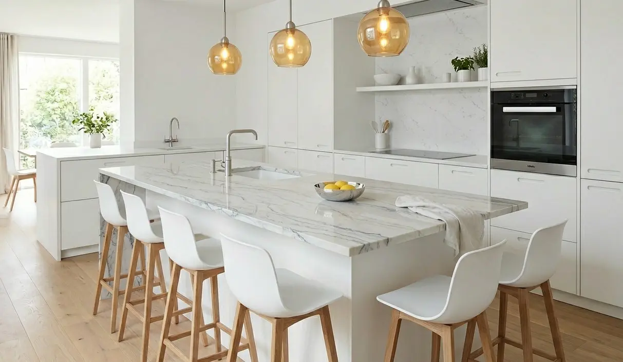 Conceptual rendering of Bianco Superiore quartzite kitchen island with seating overhang and white polished stone surface