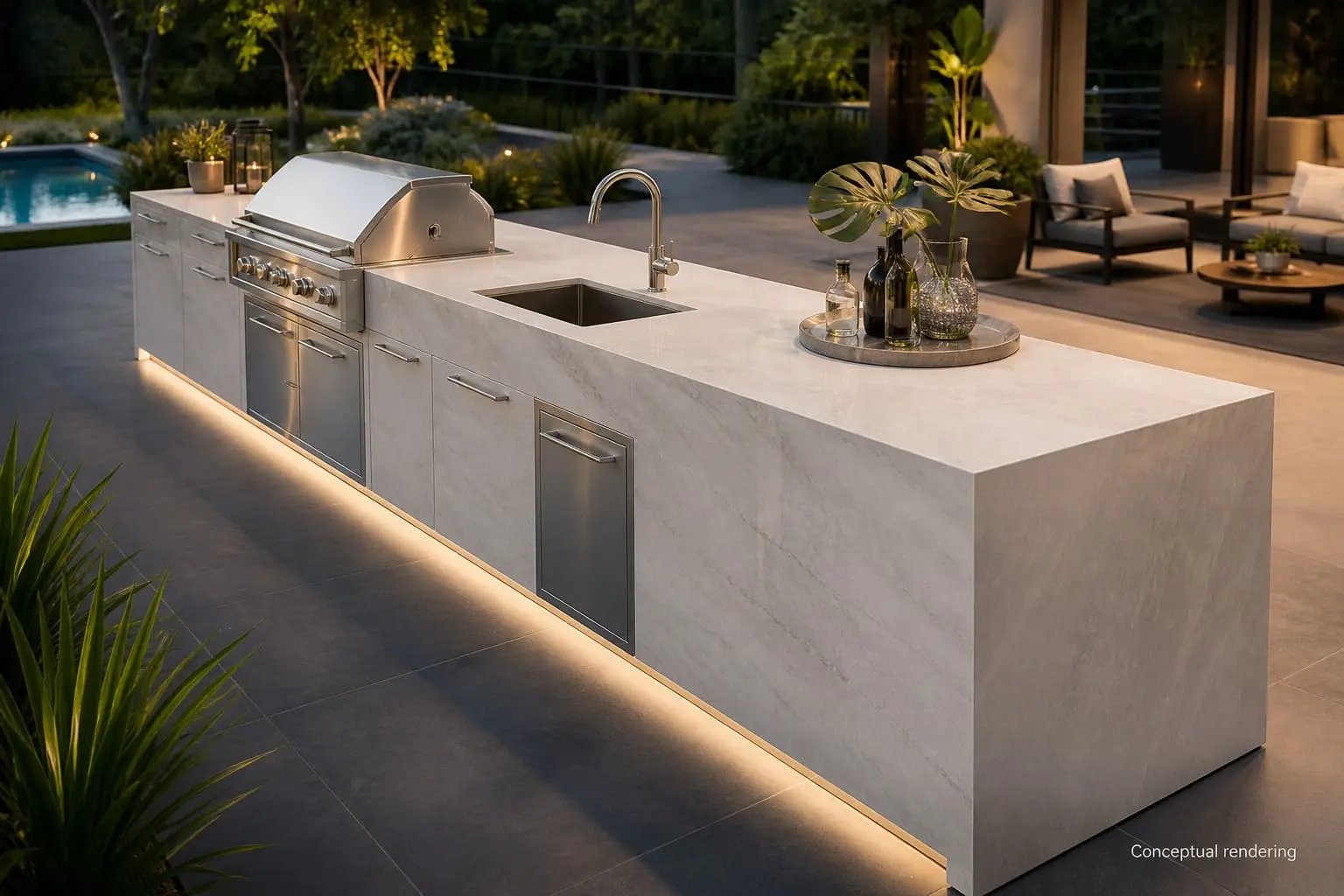Conceptual rendering of a Bianco Superiore Quartzite outdoor kitchen