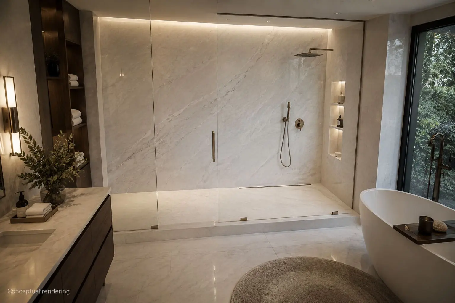 Conceptual rendering of a Bianco Superiore quartzite shower walls