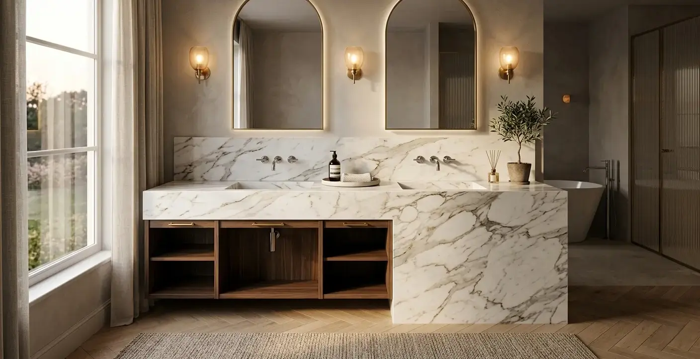 Conceptual rendering of a marble slab bathroom double vanity countertop with matching waterfall edge panel and coordinated backsplash