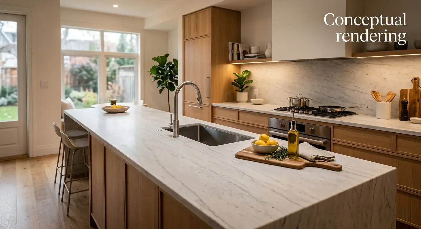 Conceptual rendering of a honed Carrara marble kitchen countertop slab with soft linear veining and undermount sink integration