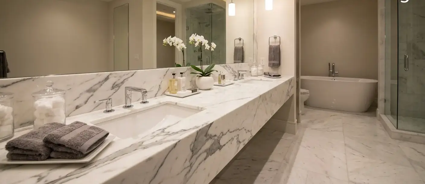 Conceptual rendering of a polished white Calacatta marble vanity countertop slab with bold grey veining