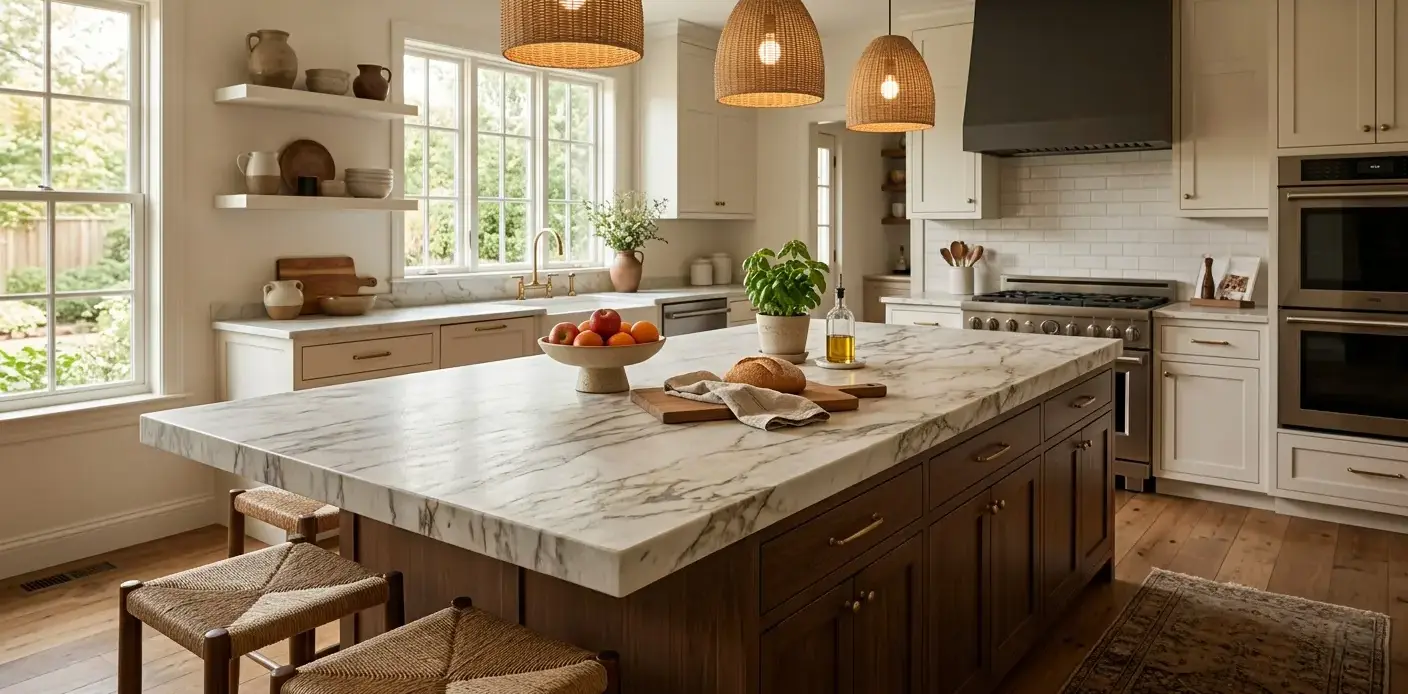 Conceptual rendering of a leathered marble countertop slab on a kitchen island showing textured finish and natural vein pattern