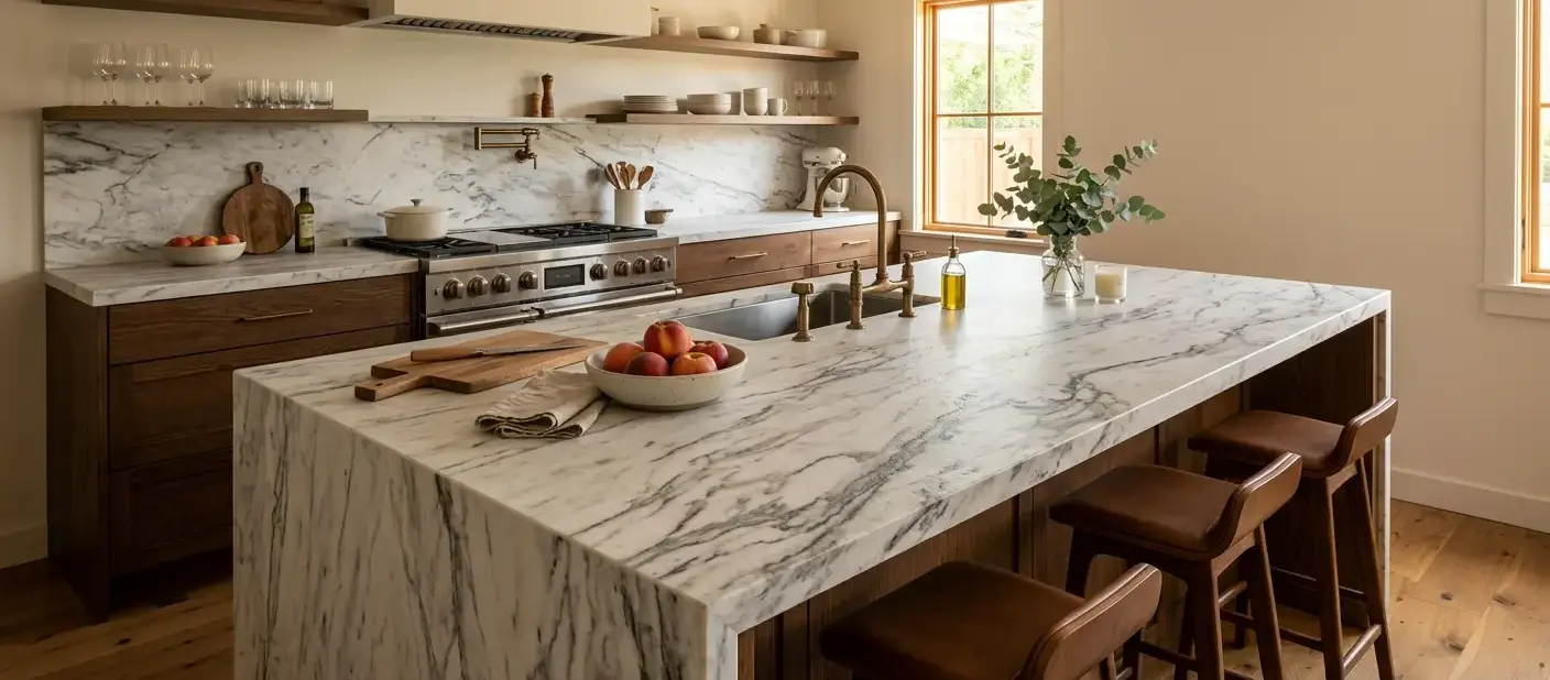 Conceptual rendering of a leathered marble kitchen island countertop with bold veining in a warm-lit kitchen