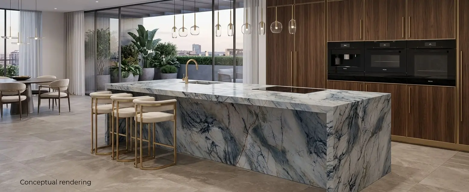 Conceptual rendering of prefab quartzite kitchen island with visible seams and natural veining variation