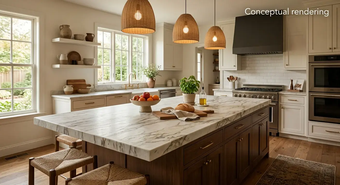 Conceptual rendering of leathered marble countertop kitchen island close-up