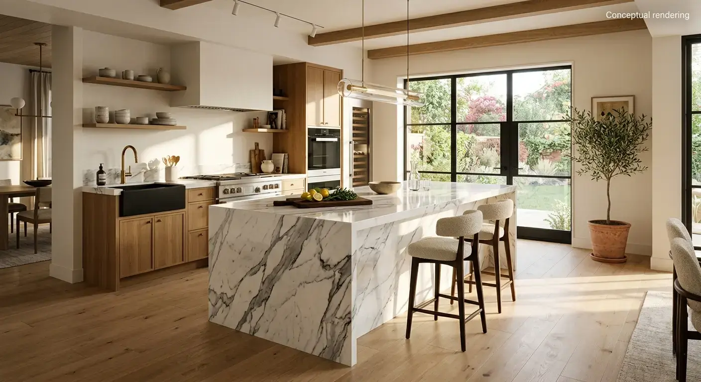 Conceptual rendering of white marble in kitchen island