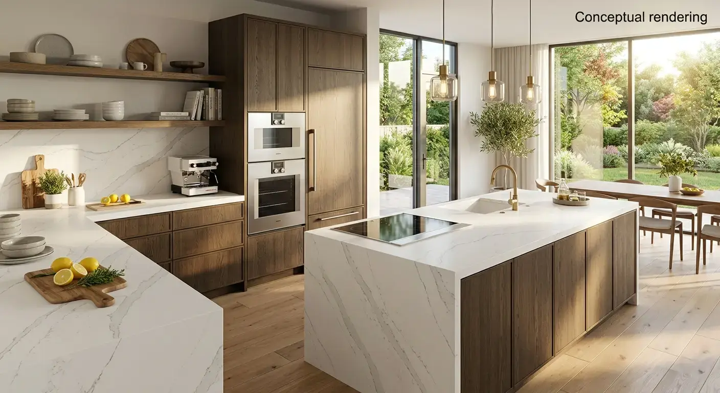 Conceptual rendering of white porcelain countertop
