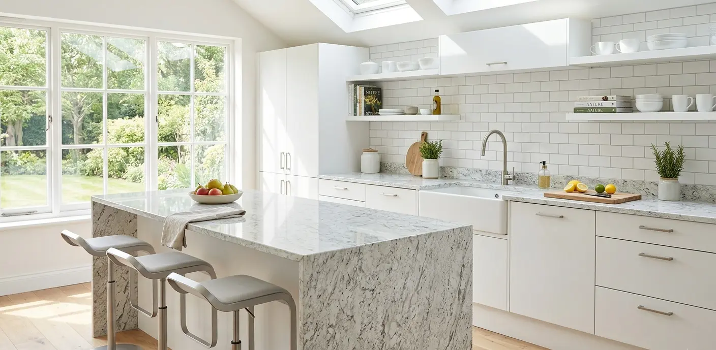 Conceptual rendering of white granite countertop