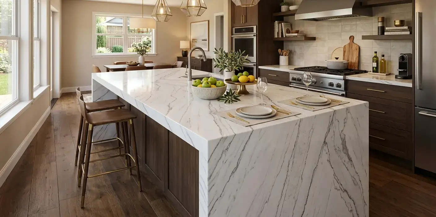 Conceptual rendering of a white quartzite waterfall edge countertop on a kitchen island with bold gray linear veining and a polished finish