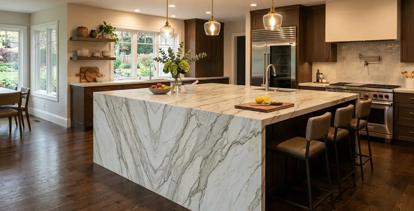 Conceptual rendering of a bookmatched quartzite waterfall edge countertop showing mirrored veining flowing from horizontal surface to vertical island panel