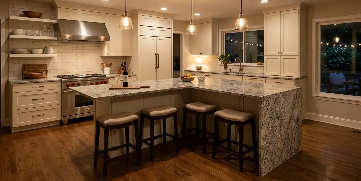 Conceptual rendering of a leathered granite waterfall edge countertop in a transitional kitchen with speckled gray and cream patterning