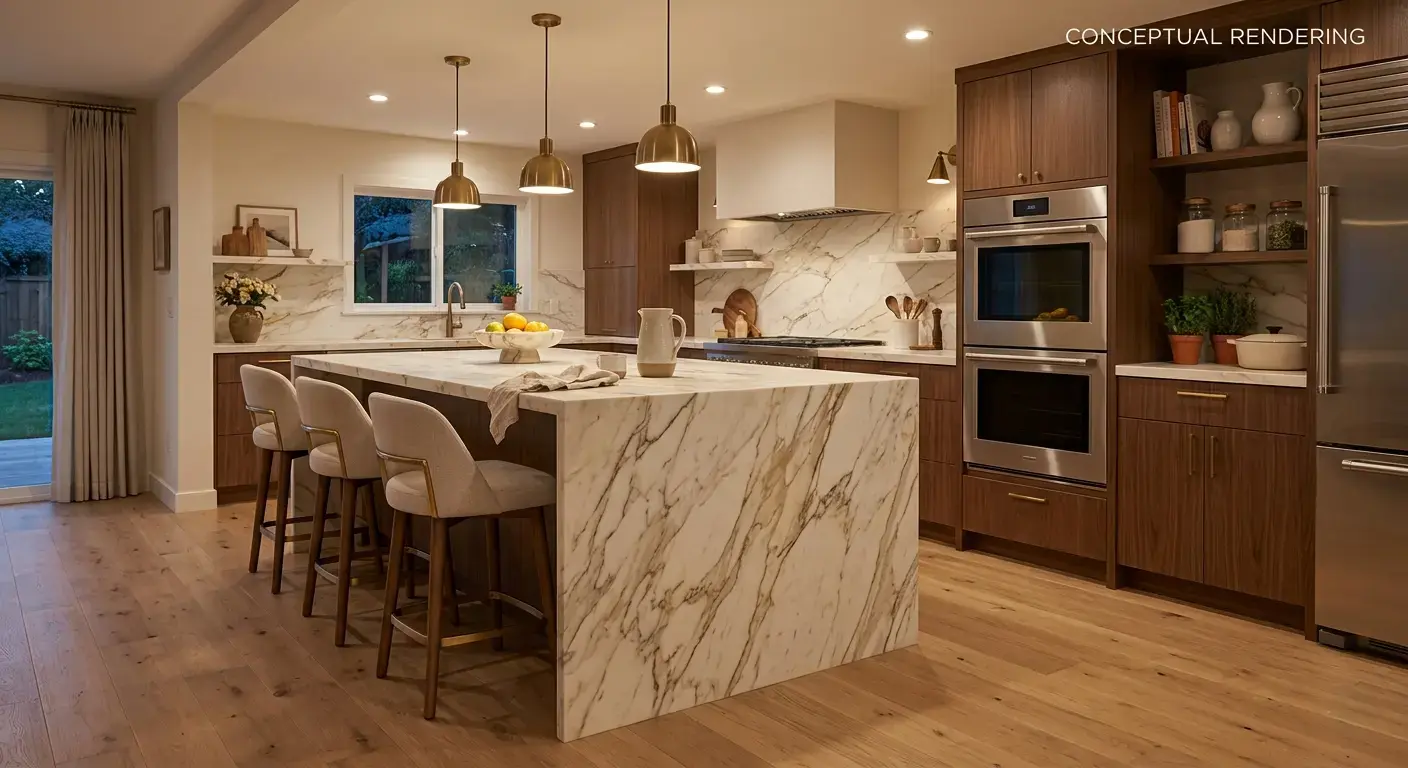 Conceptual rendering of a honed marble waterfall edge countertop with gold and white tones cascading vertically on a modern kitchen island