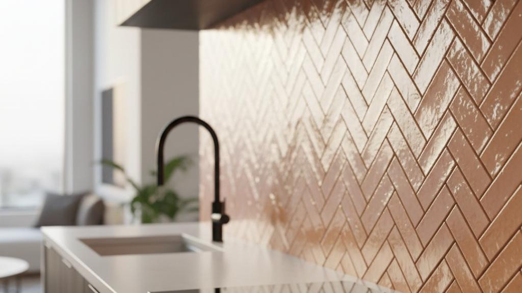 Glossy herringbone subway tile backsplash in modern kitchen
