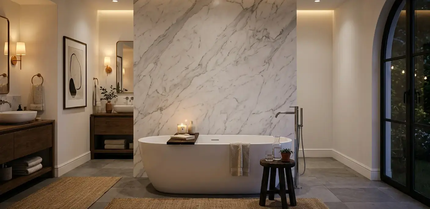 Conceptual rendering of a Carrara marble slab backsplash installed vertically behind a freestanding tub with soft gray veining