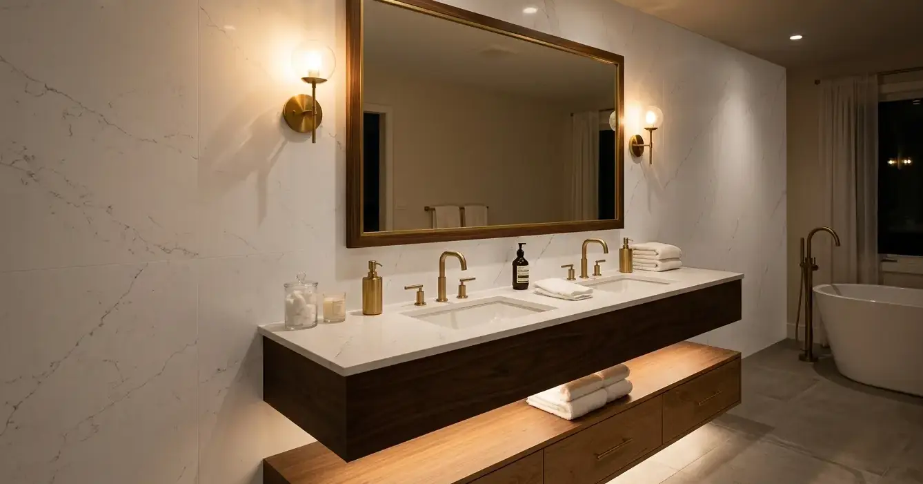 Conceptual rendering of a seamless white quartz slab backsplash in a bathroom with near-zero grout lines and subtle veining