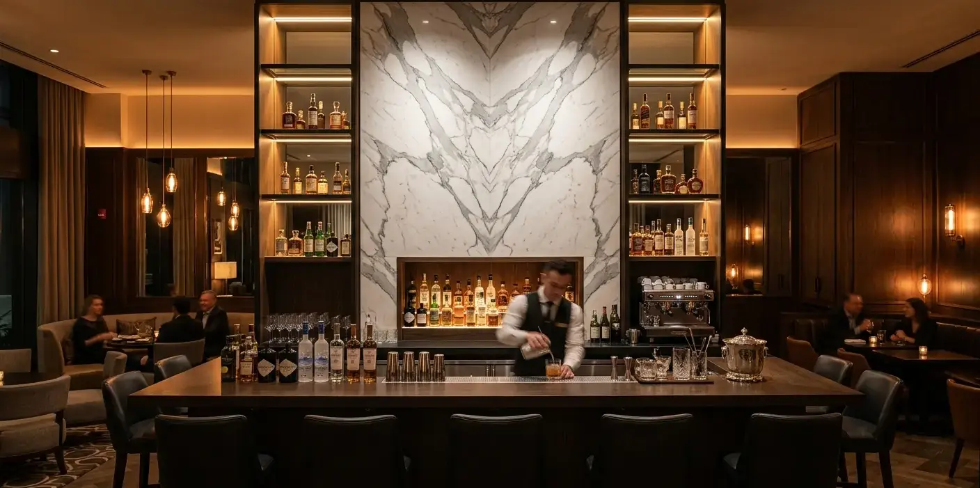 Conceptual rendering of a bookmatched white marble slab accent wall with symmetrical gray veining in a bar setting