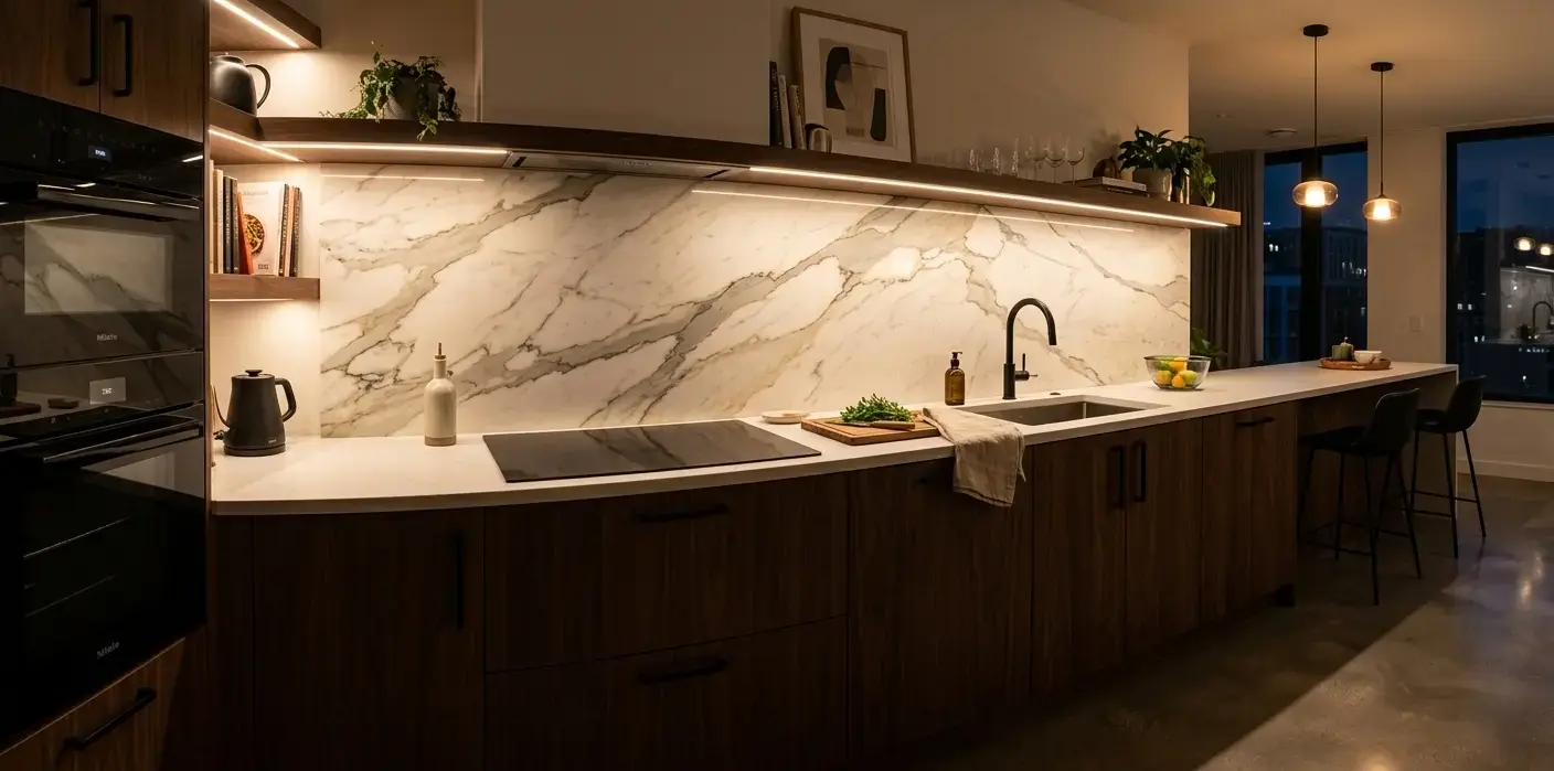 Conceptual rendering of a polished white Calacatta marble slab backsplash with bold gray veining installed in a modern kitchen