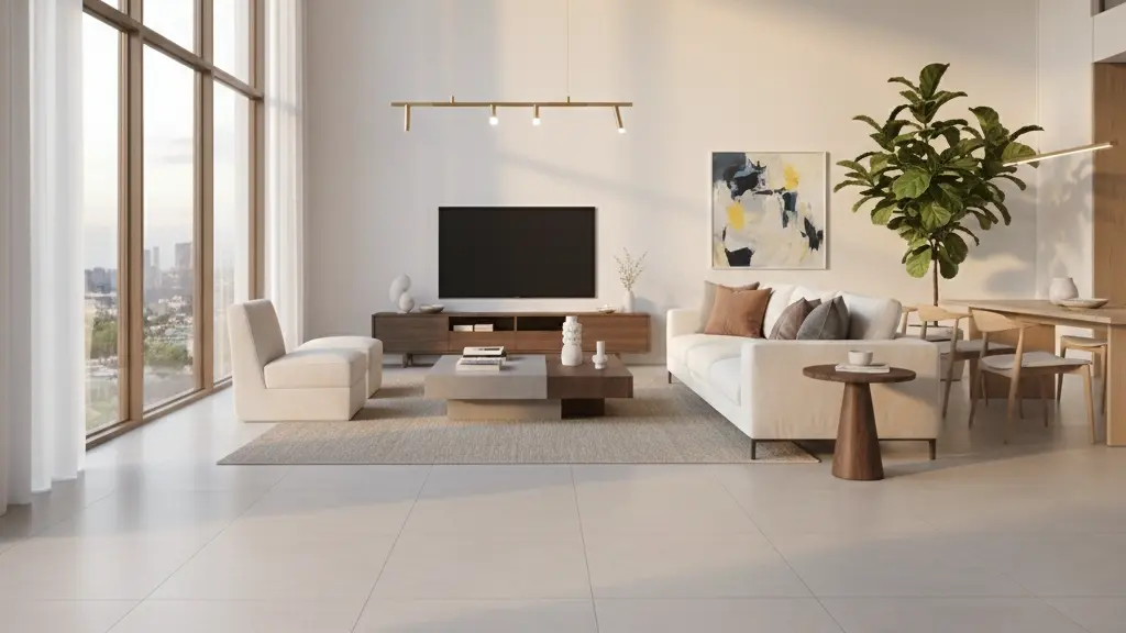 Large format porcelain floor tiles in modern living room